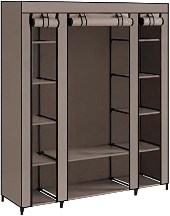 RALA Draagbare Kledingkast Voor Slaapkamer Kleerhanger Met Stoffen Afdekking 45 x 150 x 175 cm 12 Vakken Metalen Frame Taupe