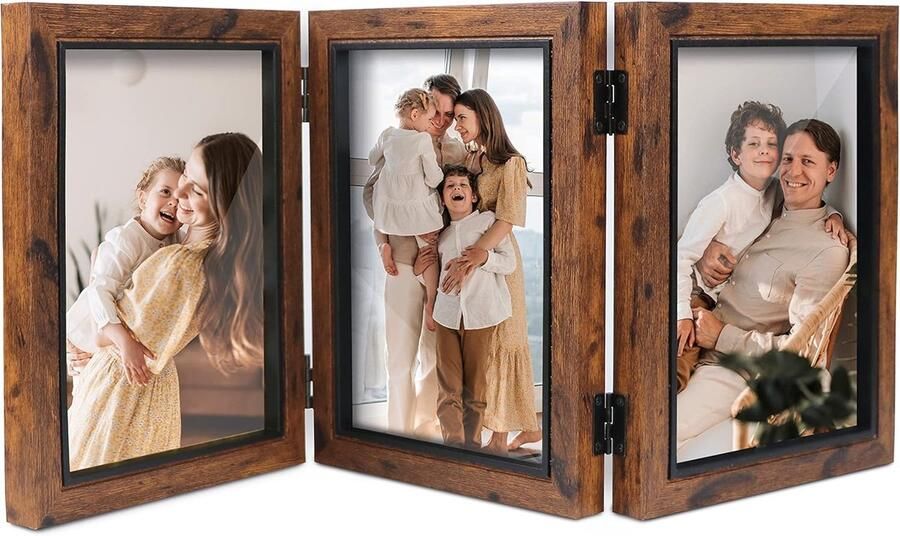 RALA Drievoudige opvouwbare fotolijst 13x18 cm bruin houtnerf tafelframe met glas multifoto display voor bureau decoratie cadeau