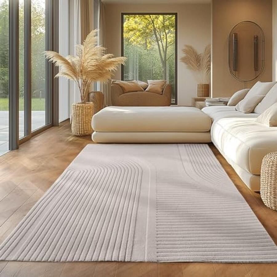 RALA Effen Crème Vloerkleed 200x290 cm Bohemian Stijl Zacht Wasbaar Tapijt Laagpolig voor Woonkamer en Slaapkamer Groot Decoratief Vloerkleed met Antislip