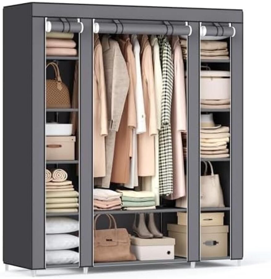 RALA Garderobe linnenkast met kledingstang en rekken stoffen hoes voor slaapkamer of kleedkamer 150 x 45 x 175 cm grijs