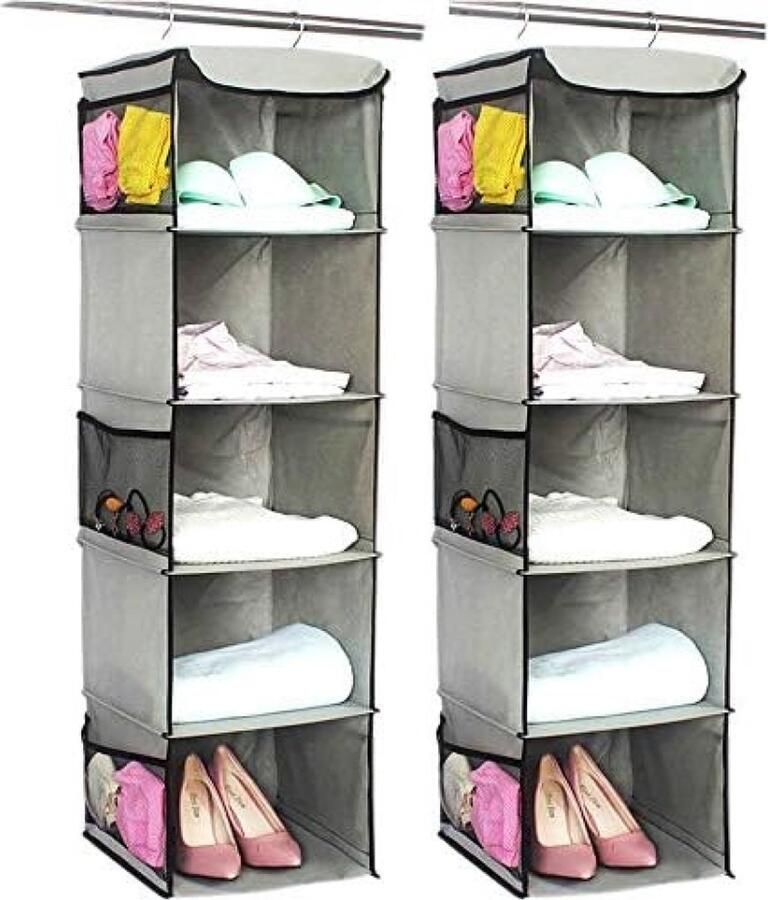 RALA Garderobe organizer set van 2 hangende houder met 5 compartimenten met 6 zijvakken van gaas voor kleding met 2 haken Garderobe-organizer 30 x 30 x 108 cm