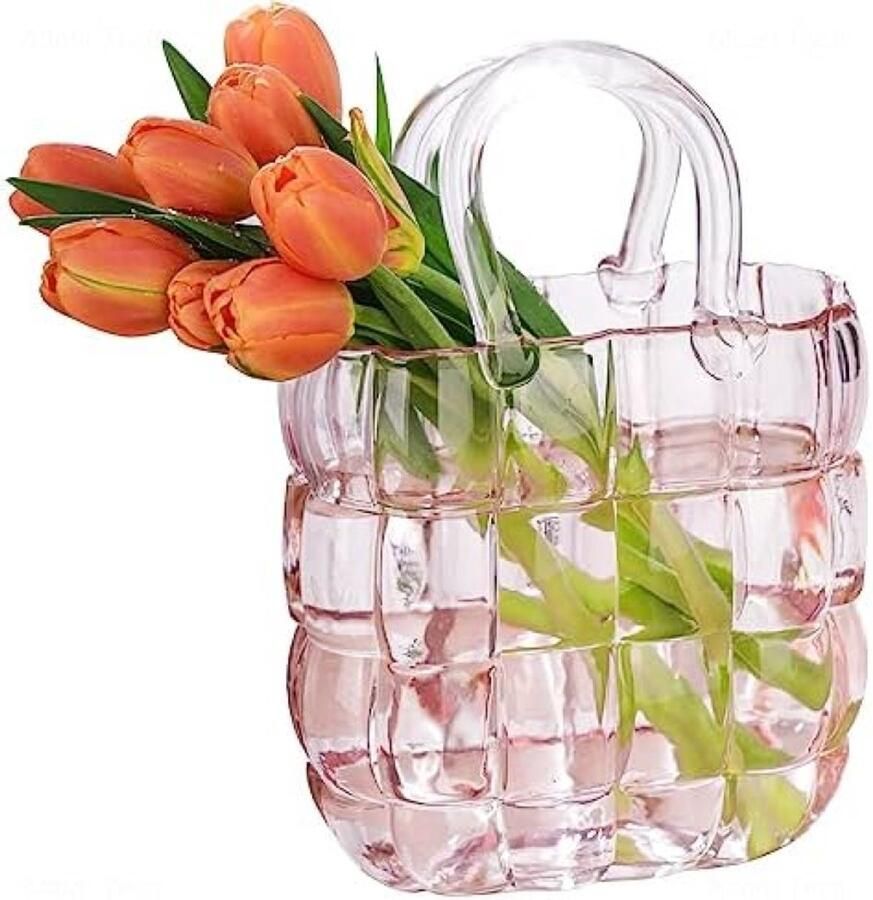 RALA Glazen portemonnee vaas roze handtas vorm vaas voor bloemen boerderij decor handgemaakte brede mond glazen vaas voor kantoor thuis woonkamer eettafel decor