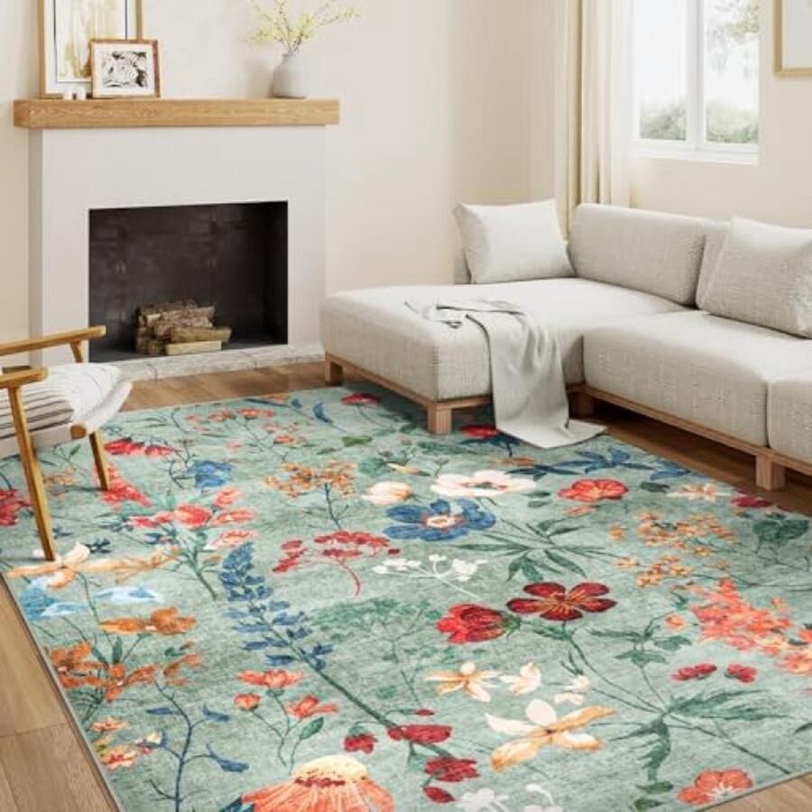RALA Groen Bloementapijt 160x230cm Woonkamer Vloerkleed Antislip Machinewasbaar Boho Stijl Zachte Kortpolige Tapijten voor Slaapkamer Eetkamer Kantoor