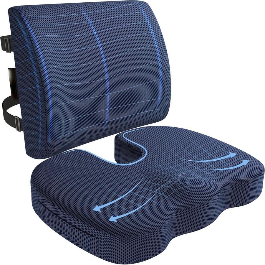 RALA Groot Ergonomisch Zitkussen en Lendensteun met Memory Foam Antislip Design voor Bureaustoel Autostoel en Gamingstoel Blauw