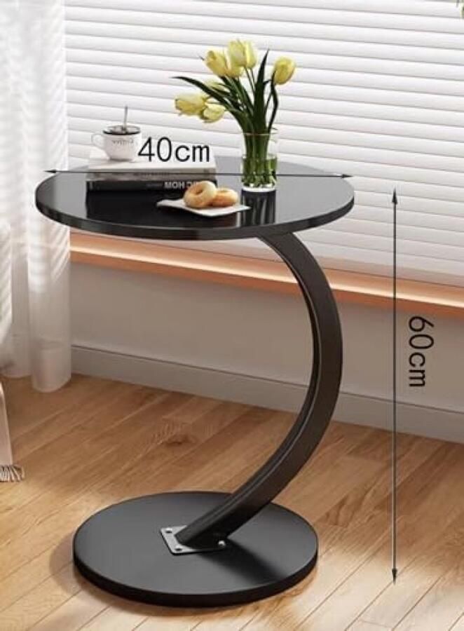 RALA Houten bijzettafel met C-vormige steun ronde salontafel walnoot tafelblad diameter 40cm hoogte 60cm zwart