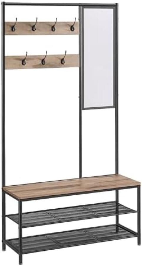 RALA Industrieel kledingrek kapstok met spiegelbank en schoenenrek multifunctioneel voor hal entree woonkamer slaapkamer 35 x 98 x 180 cm