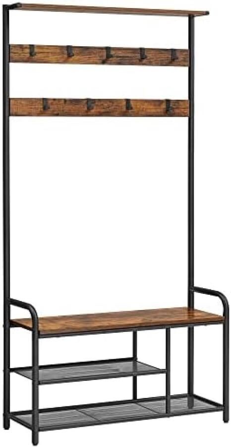 RALA Industrieel kledingrek met bankje 9 haken en 2 schappen Vintage bruin-zwart design voor hal slaapkamer of woonkamer