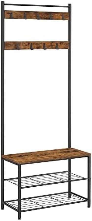 RALA Industriële Garderobe met Schoendragers en Zitbank Kapstok met 9 Haken en 3 Planken voor Hal of Entree Donkerbruin