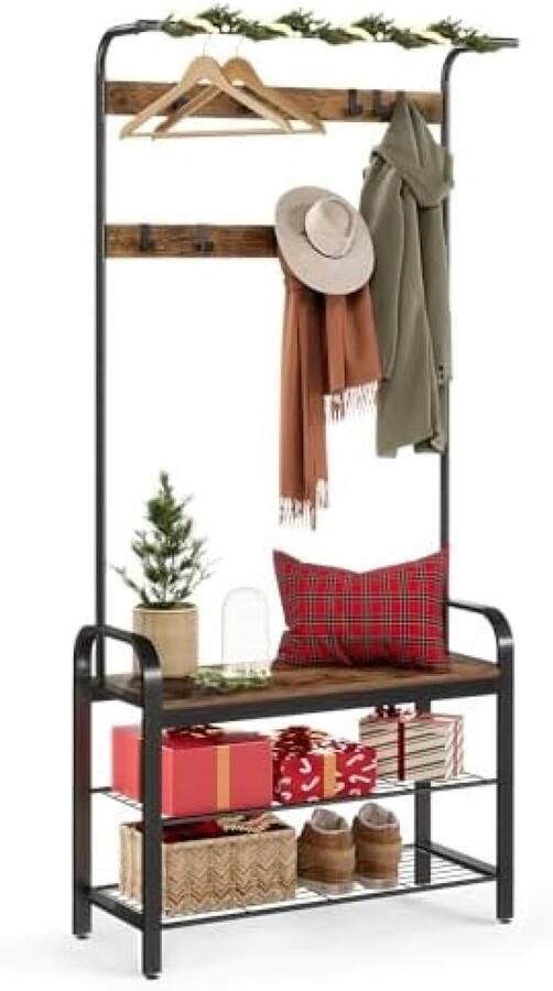 RALA Industriële Kapstok met Bank en Schoenenrek Garderobemeubel voor Hal en Entree Bruin en Zwart 183 cm Hoog