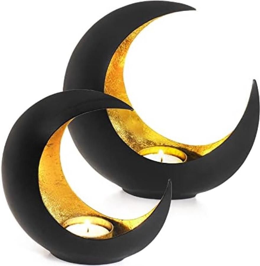 RALA Kaarshouder Set van 2 Zwart met Goud Windlichten Decoratieve Theelichthouders voor op Tafel Landelijke Stijl