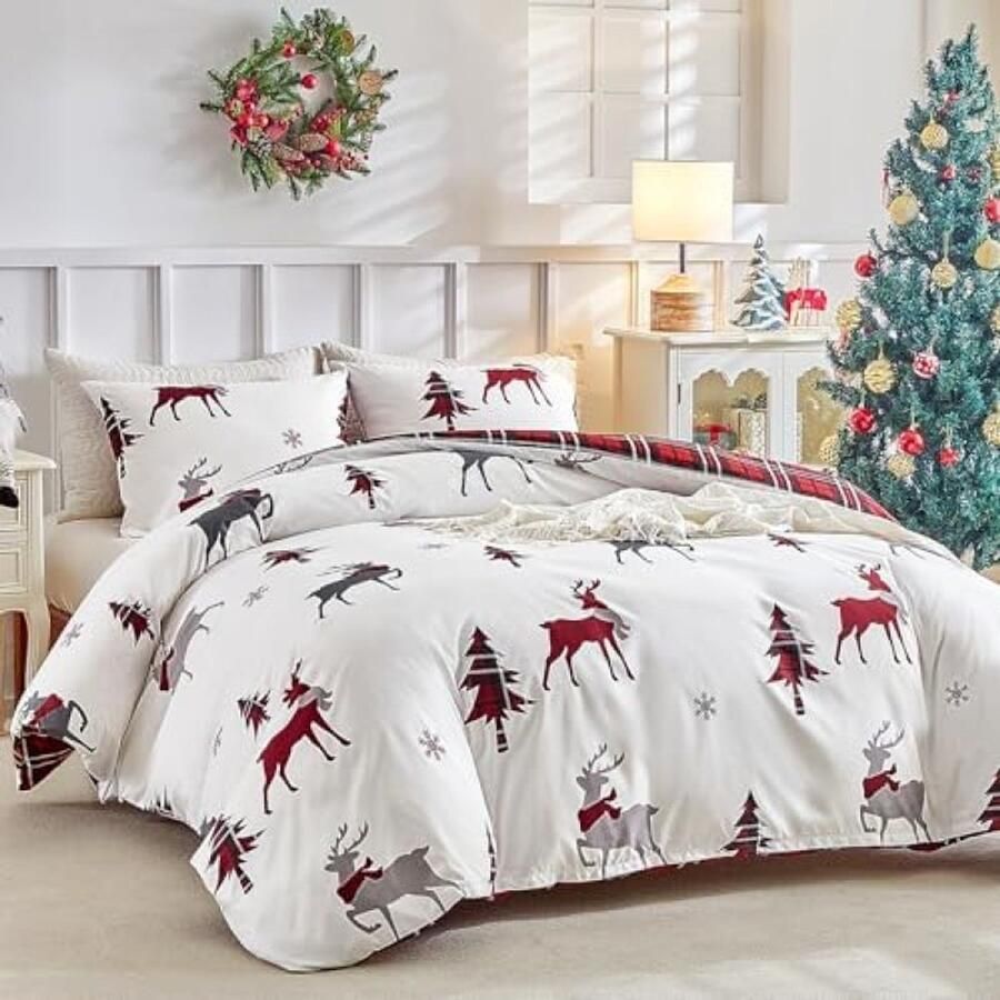 RALA Kerstmis 3-delige beddengoedset tweepersoonsbed 240x220 cm microvezel dekbedovertrek met rendier en sneeuwvlok motief inclusief 2 kussenslopen 50x80 cm feestelijk kerstthema