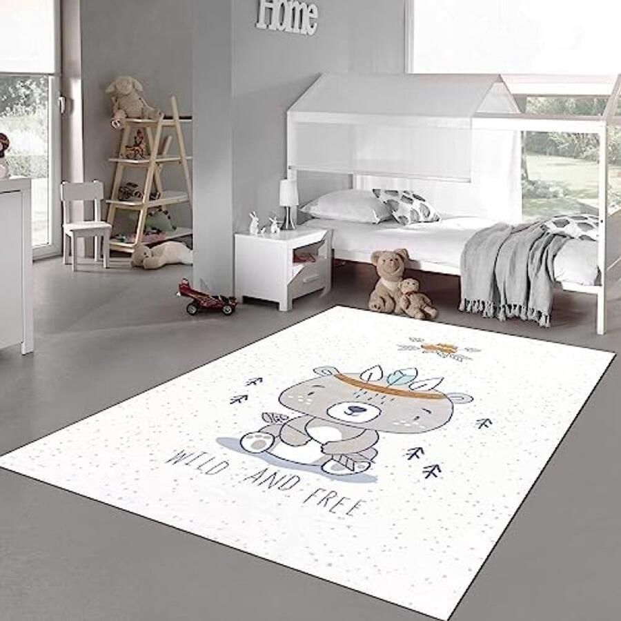 RALA Kinderkamer speeltapijt met schattige beer motief in crème en bruin 160x230 cm Pluizig vloerkleed voor kinderen Hypoallergeen en geschikt voor vloerverwarming