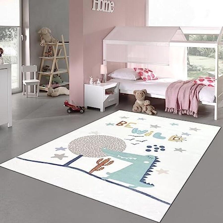 RALA Kinderkamer tapijt hoogpolig zacht speeltapijt met krokodil motief 160 x 230 cm crème beige groen hypoallergeen geschikt voor vloerverwarming