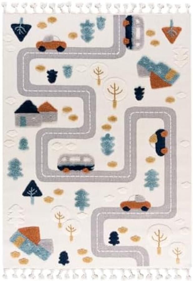 RALA Kinderkamer Vloerkleed met Auto en Straten Motief Zacht 3D Patroon Gemakkelijk Schoon te Maken Rechthoekig Tapijt voor Kinderkamers Oeko-Tex Gecertificeerd Crème Lila 160x230 cm