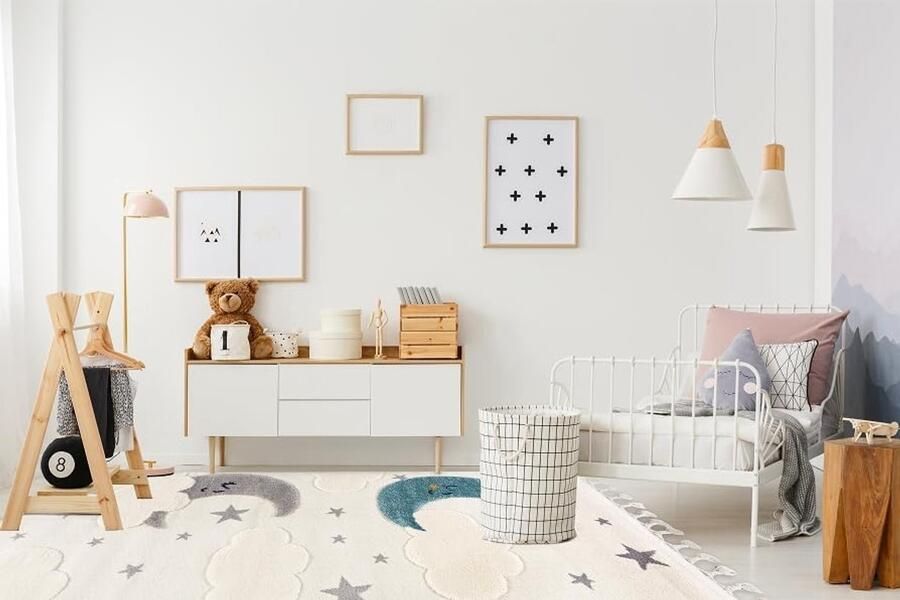 RALA Kinderkamer vloerkleed met sterren en maan motief Zacht 3D tapijt voor kinderen Beige Lila crème 160x230 cm Gemakkelijk reinigbaar Geschikt voor vloerverwarming