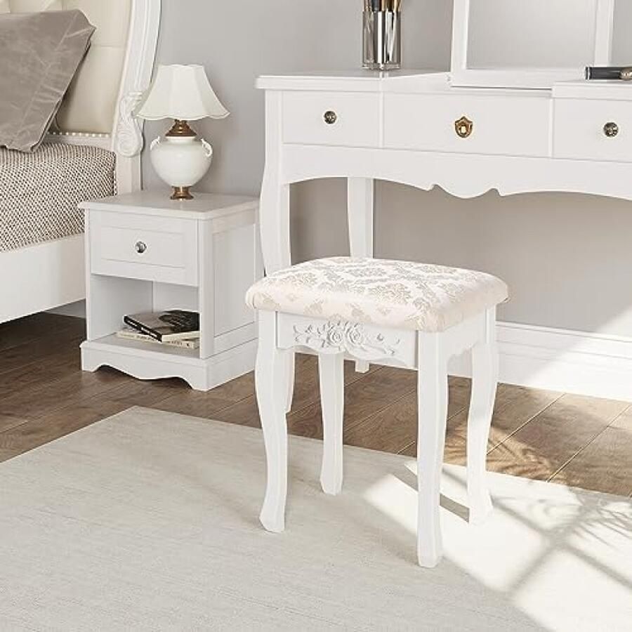 RALA Kruk voor Make-Up Kaptafel Stoel Comfortabele Barokke Stijl Wit