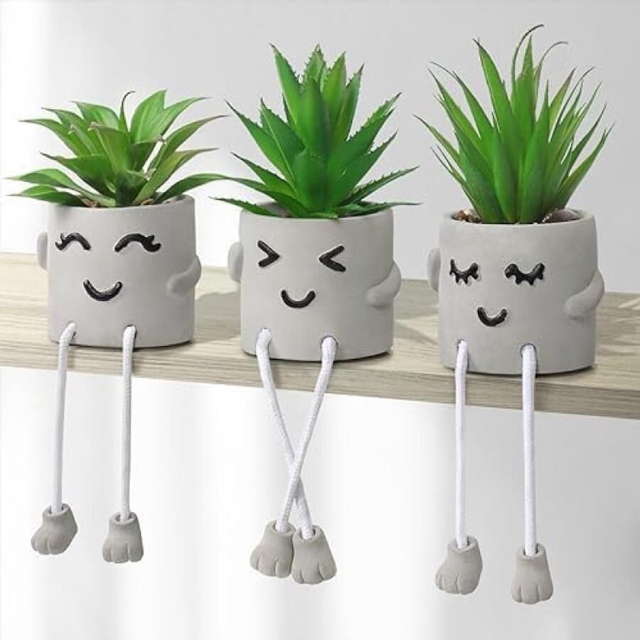 RALA Kunstmatige Vetplanten Set van 3 Stuks Cement Pot met Hangend Poot Design Nep Plant Decoratie voor Binnenhuis Tafel Bureau Woonkamer en Kantoor Decor