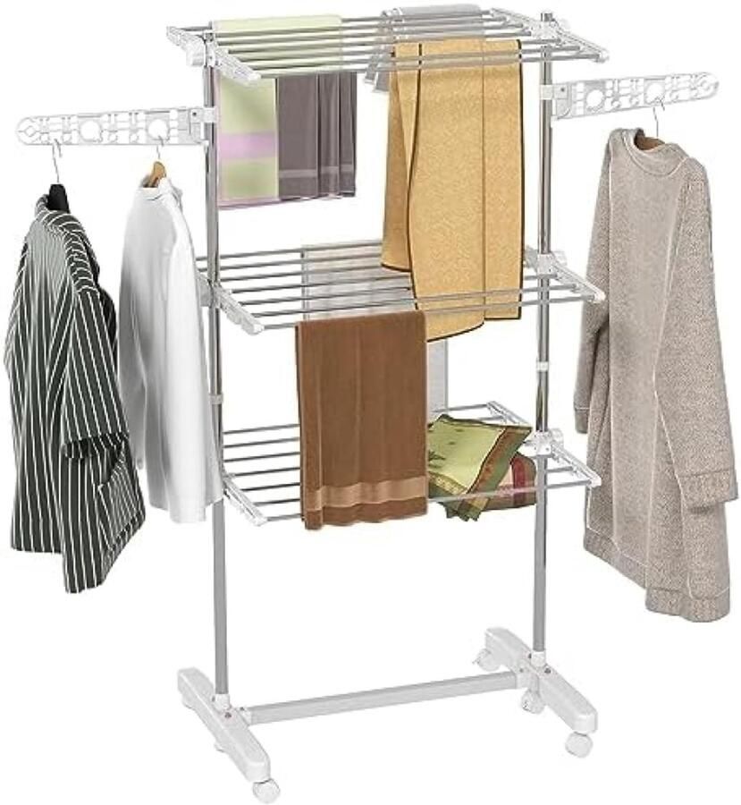 RALA Mobiele wasdroger kledingrek met 3 verstelbare niveaus inklapbaar en met wielen 80-142 x 55 x 152 cm