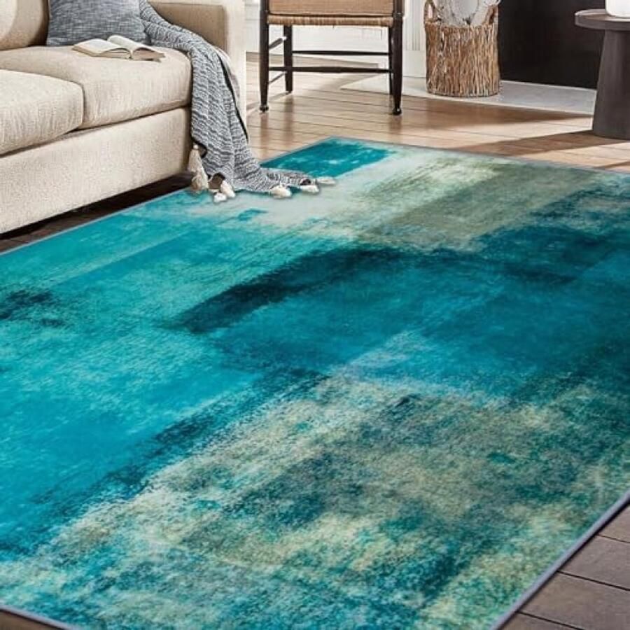 RALA Modern abstract vloerkleed voor woonkamer 200 x 290 cm laagpolig antislip tapijt in blauw en grijs machinewasbaar en geschikt voor ruimtes