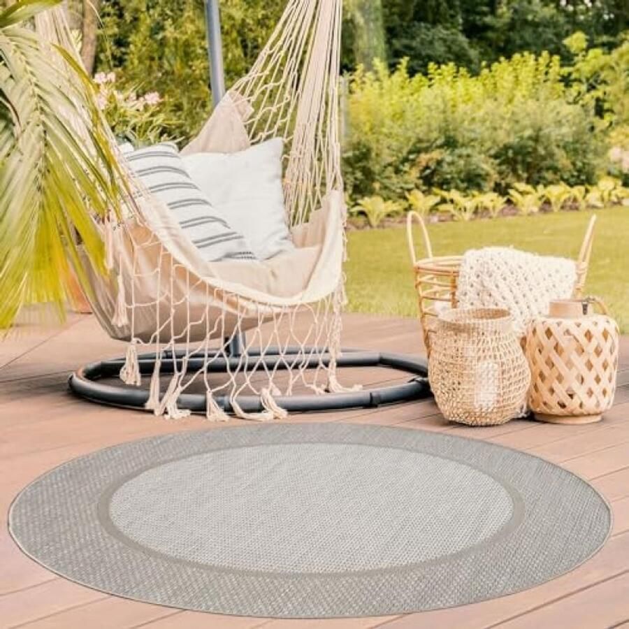 RALA Modern Boho Scandinavisch Vloerkleed voor Binnen en Buiten Weerbestendig Geschikt voor Terras Balkon en Eetkamer Effen Design met Rand Crème Kleur 200 cm Ronde Vorm