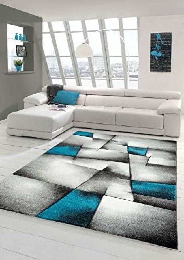 RALA Modern laagpolig tapijt met ruitpatroon in turquoise grijs wit en zwart 120x170 cm Geschikt voor woonkamer