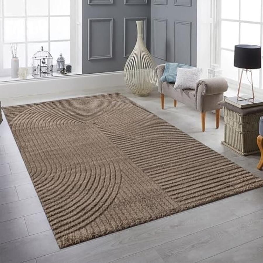 RALA Modern rechthoekig vloerkleed met hoog-laag effect Pluizig tapijt voor woonkamer 240x340 cm Bruine warme tint Geschikt voor woonkamer werkkamer en logeerkamer