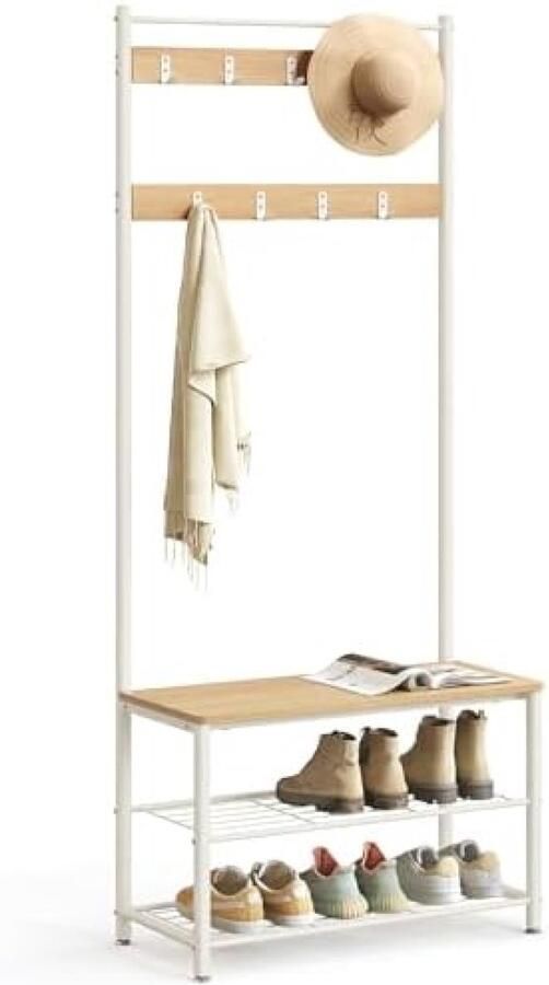 RALA Moderne 3-in-1 Kapstok met Schoeisenrek en Bank voor Hal of Entree Eiken en Crème Kleur Stevig Stalen Frame 32 x 70 x 177 cm