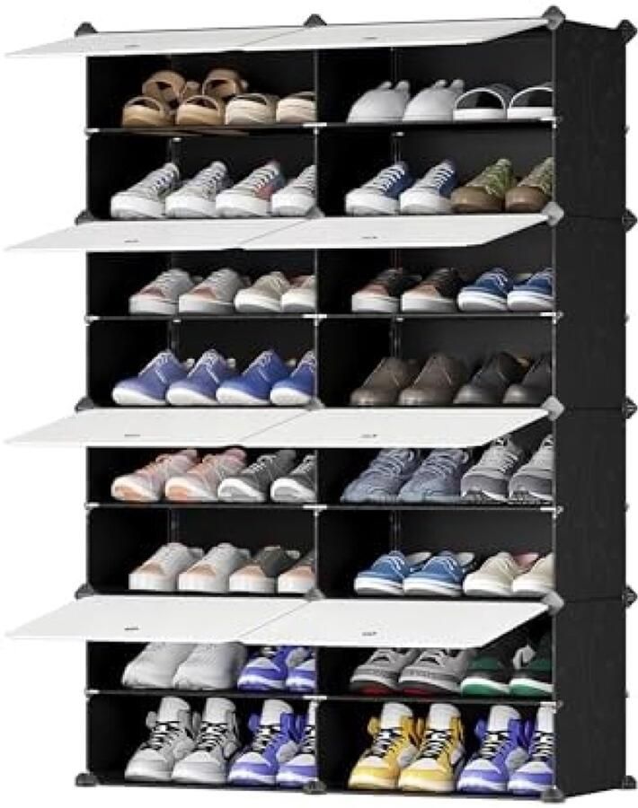 RALA Modulair Schoenenrek met Verwijderbare Scheidingswanden Multifunctionele Schoenenorganizer Geschikt voor Maximaal 20 Paren Schoenen Zwarte Kast met Melkwitte Deuren