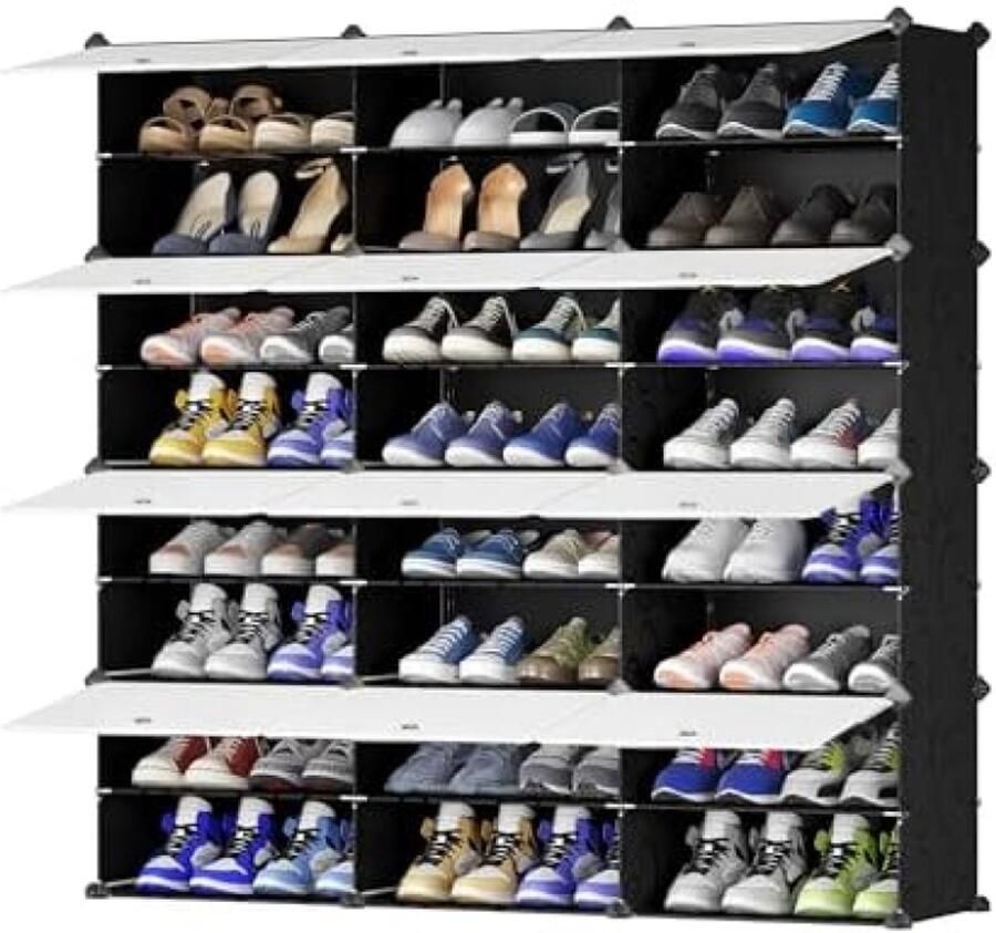RALA Multifunctioneel Modulair Schoenenrek met Verwijderbare Scheidingswand Zwarte Kast met Melkwitte Deuren Geschikt voor 20 paar schoenen Ideaal voor Hal Slaapkamer of Kantoor