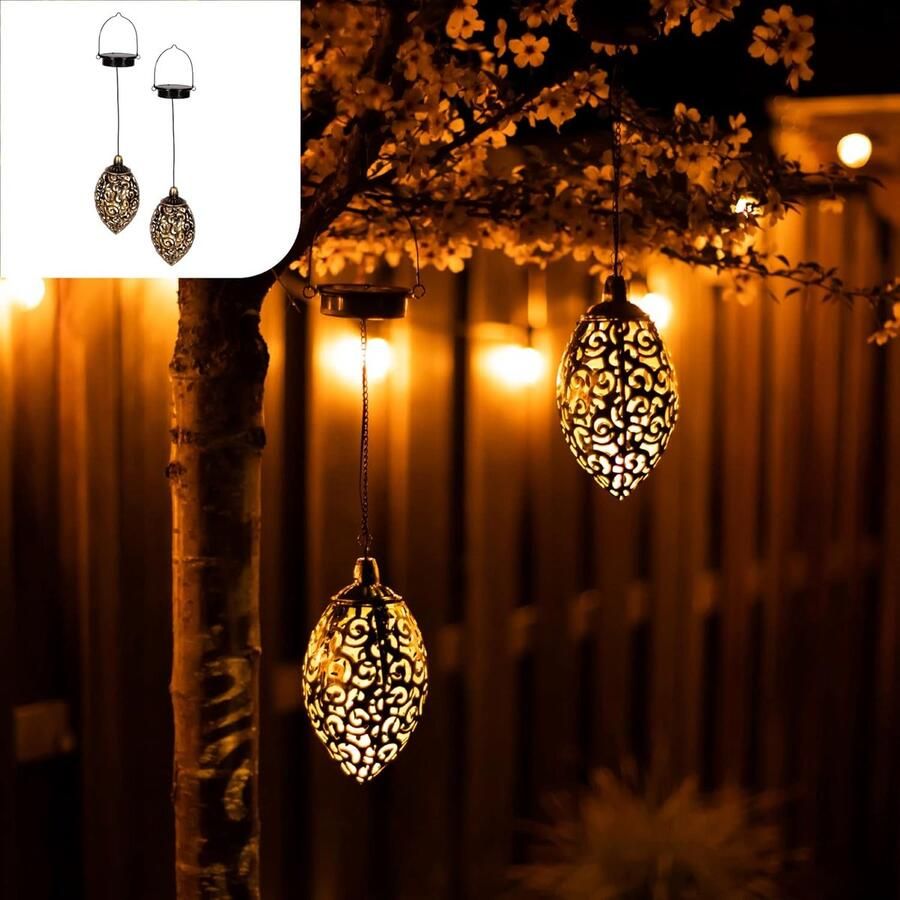 RALA Oosterse Solar Lantaarns voor Buiten Set van 2 Metalen Hanglampen met LED-verlichting Solar Tuinverlichting Donkerbrons Goud 52 5 x 10 cm Waterdichte Buitenverlichting