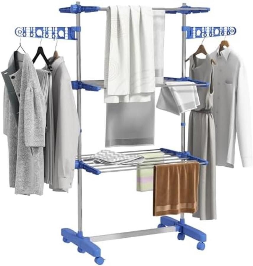 RALA Opvouwbare Wasrek met Wielen 3 Niveaus Zijvleugels Droogrek voor Binnen en Buiten Wit 80 142 x 55 x 152 cm