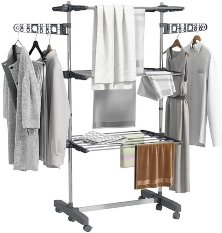 RALA Opvouwbare Wastorentoren Droogrek met 3 Verstelbare Niveaus en 6 Wieltjes Ruimtebesparend Wasdroogrek voor Binnen en Buiten Wit Stalen Constructie