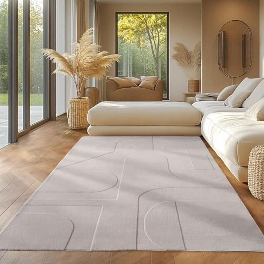 RALA Scandinavisch Boho Vloerkleed Effen Crème 140x200 cm Zacht Wasbaar Laagpolig Tapijt voor Woonkamer en Slaapkamer met Antislip Onderkant