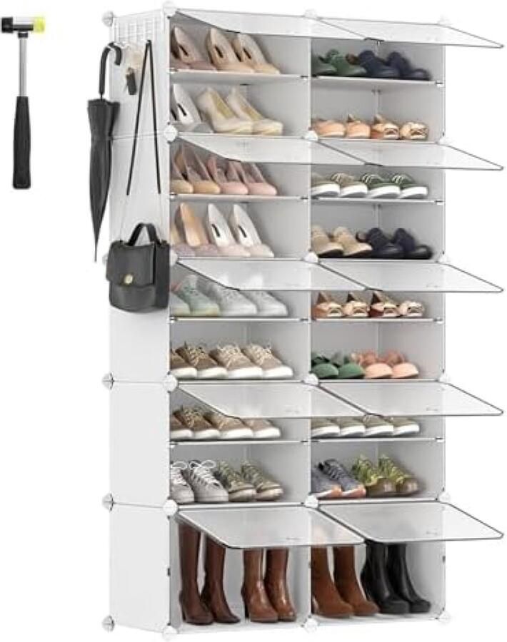 RALA Schoenenrek met 10 vakken smal design met deuren stalen frame en kunststof panelen ideaal voor hal slaapkamer of entree Wit
