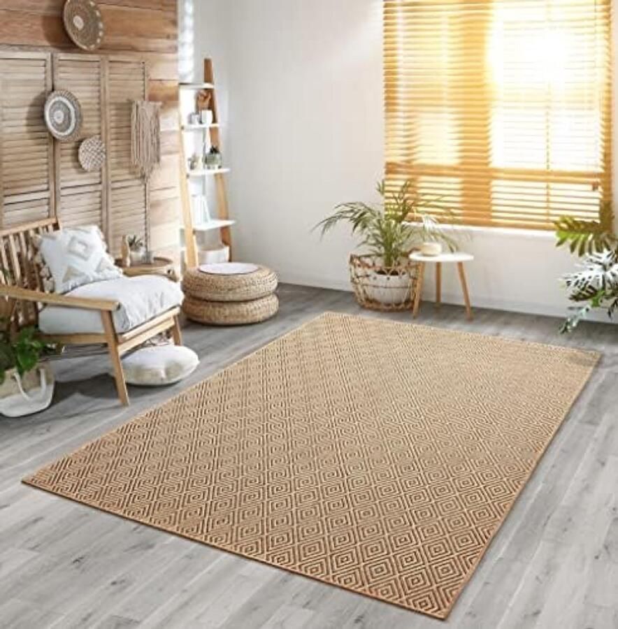 RALA Stevig binnen- en buitentapijt in natuurlijke jute-look weerbestendig geschikt voor terras en tuin ruitpatroon Natuur 200 x 290 cm