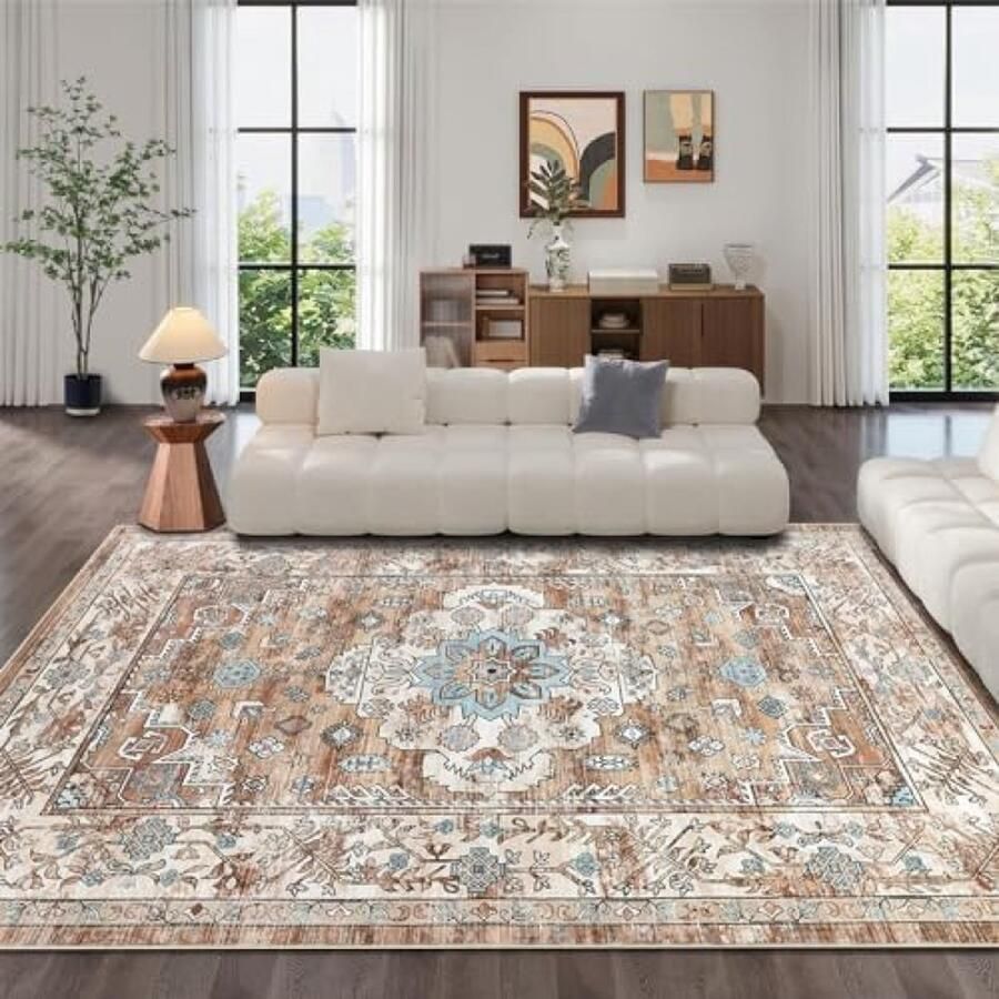 RALA Vintage vloerkleed woonkamer 180 x 270 cm groot zacht vloerkleed voor slaapkamer slipvast kortpolig vloerkleed afwasbaar verweerd keukenvloerkleed voor kinderkamer badkamer crème-bruin