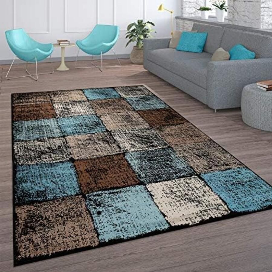 RALA Vloerkleed Woonkamer Vintage Laagpolig Marokkaans Patroon Ruiten Turquoise Bruin 200x280 cm
