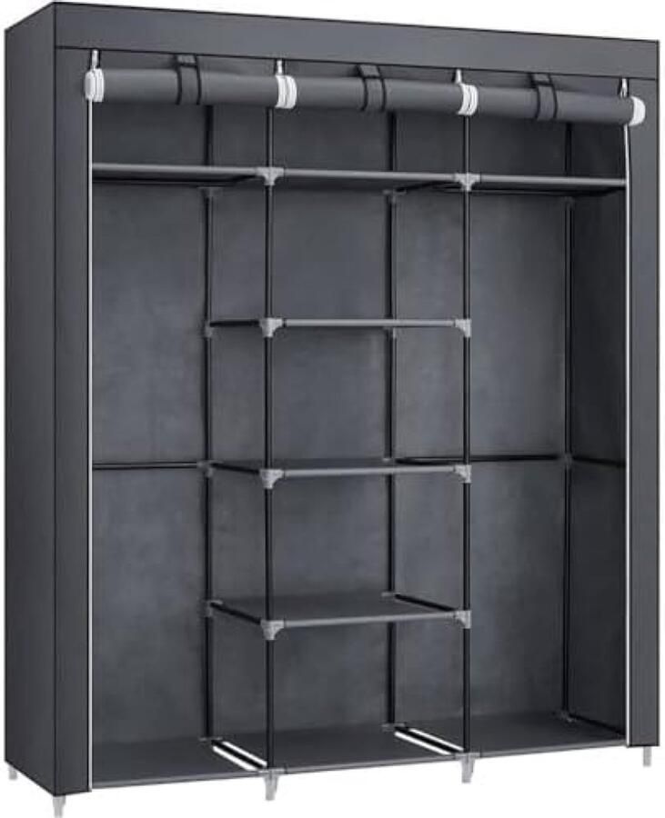 RALA Vouwbare Kledingkast Opbergkast met 2 Kledingstangen 175 x 150 x 45 cm Grijs Ruimtebesparend en Lichtgewicht