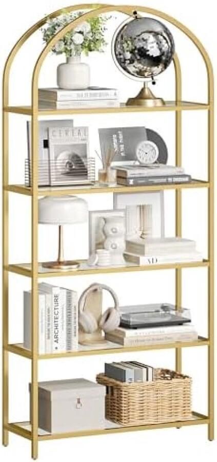 RALA Vrijstaande Plank met 5 Verdelingen Gehard Glas Planken Gebogen Ontwerp Gouden Stalen Frame voor Woonkamer Badkamer Kantoor en Slaapkamer Decoratieve Opbergplank