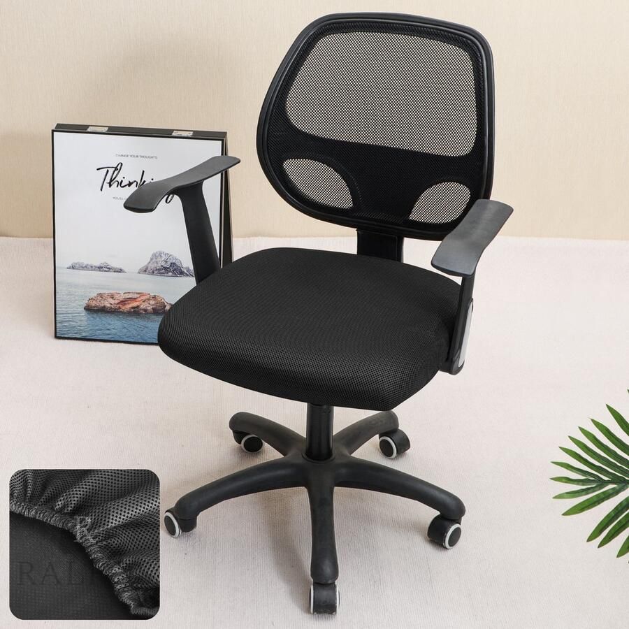 Ralfos ademende bureaustoelhoes zwart Chair cover zitting Bureaustoelhoes bureaustoel hoes Stretch Kantoor en thuisgebruik Wasmachine bestendig - Foto 2