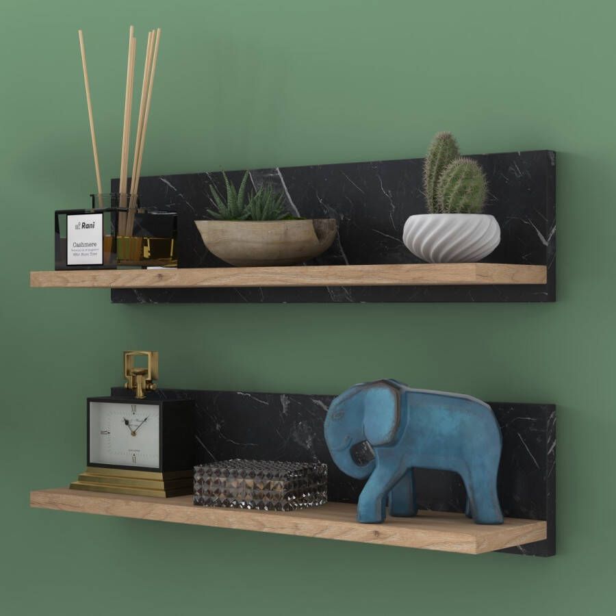 Rani Wandrekken 60x15 cm Dubbele houten Boekenrek wandplank Meubels Organizer Marmer Look boekenplanken - Foto 1