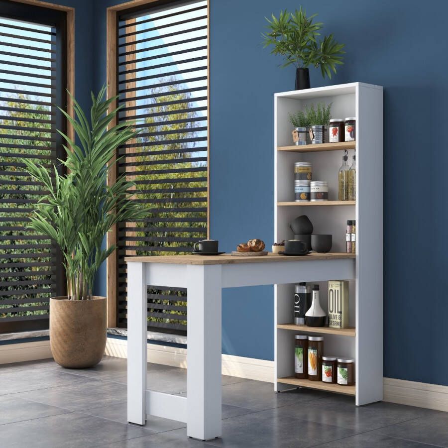 Rani Multifunctioneel Keukenkast unieke combinatie met tafel 153x120x53 cm Design met eettafel Wit Bruin