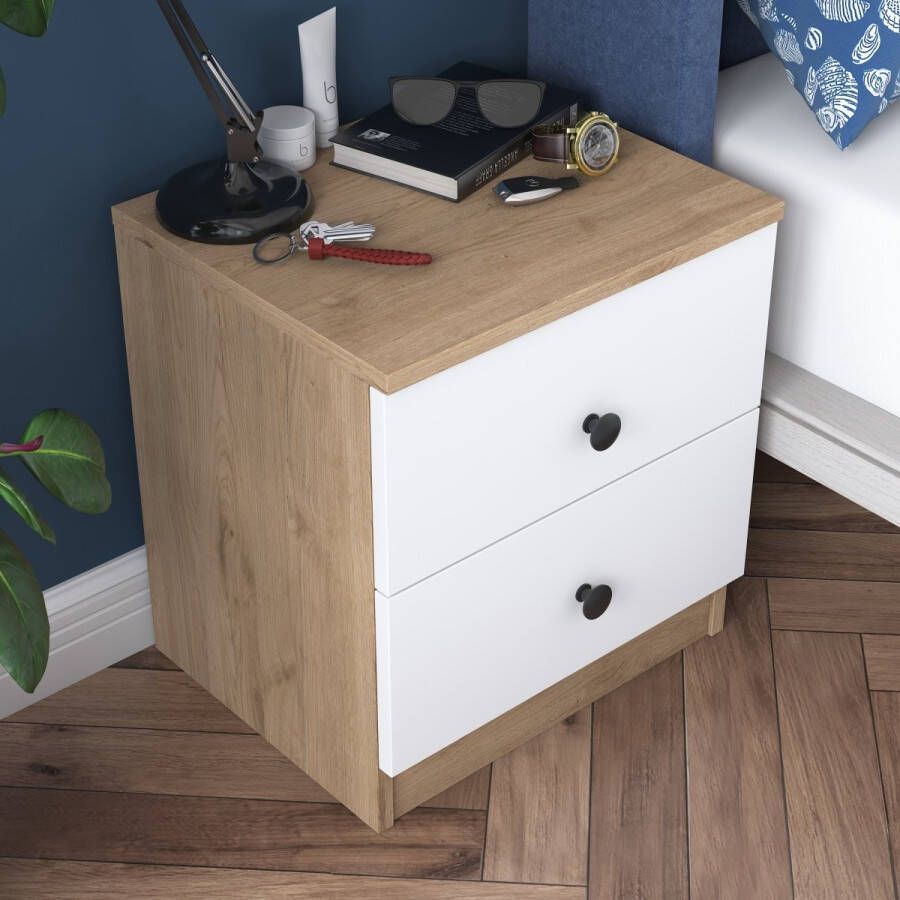 Rani Nachtkastjes set van 2 stuks Moderne Houten nachtkastje Wit Bruin 75x45x40 Nachtkasten - Foto 3