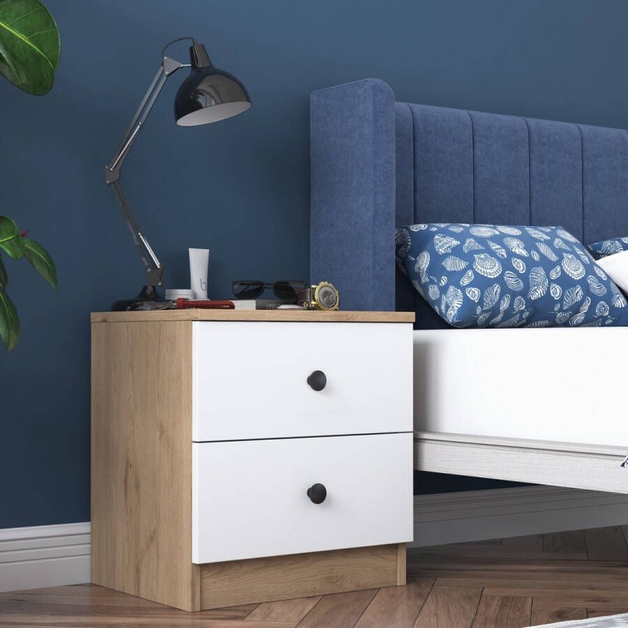 Rani Nachtkastjes set van 2 stuks Moderne Houten nachtkastje Wit Bruin 75x45x40 Nachtkasten