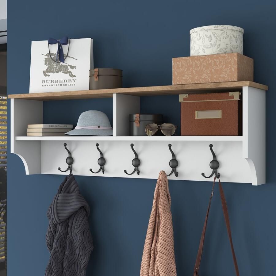 Rani Kapstok wit bruin met haken Multifunctioneel 120x38x22 Wandkapstok Wandmeubel Metalen haken Industrieel