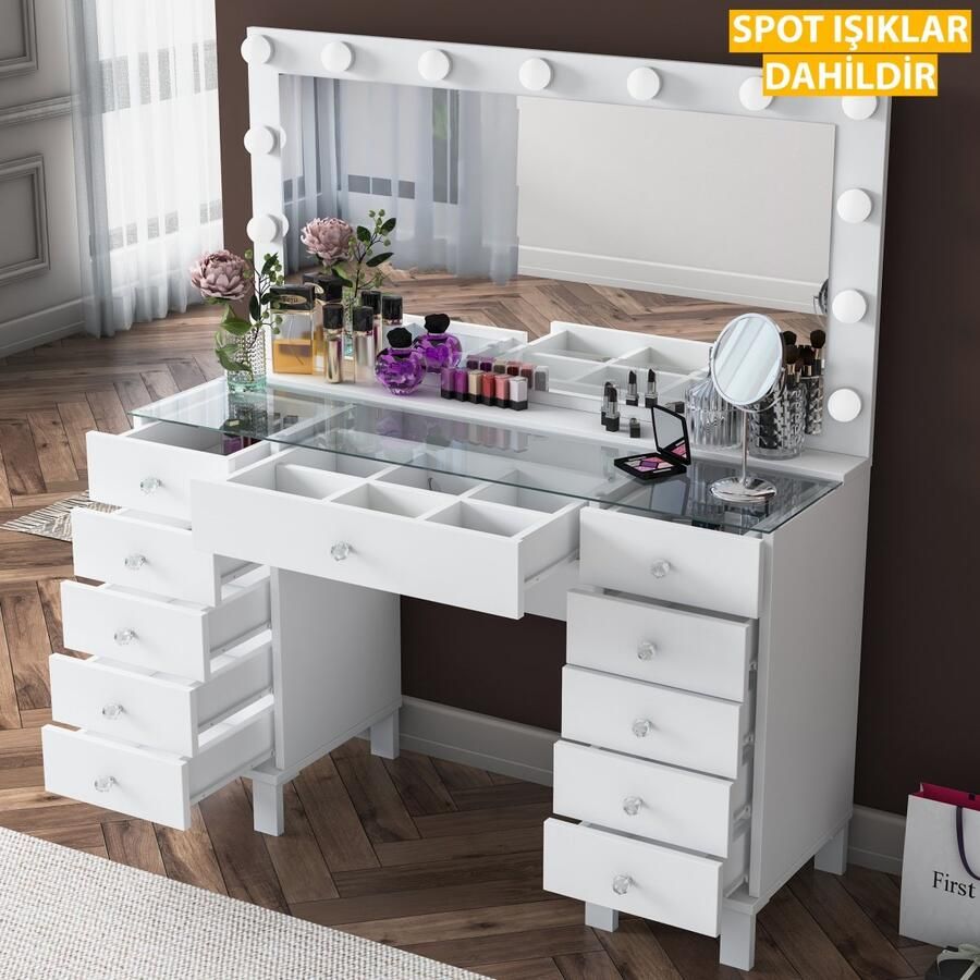 Rani Luxe Make-up Tafel met LED Spiegel en 11 Lades – Witte Kleding- & Sieraden Organizer