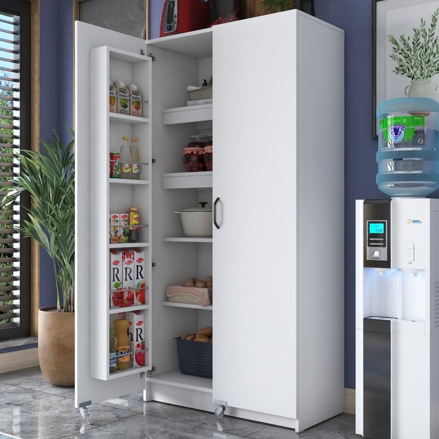 Rani Multifunctionele Opbergkast met Wielen – 2-Deurs Voorraadkast Keukenkast – Meerdere Legplanken – Wit – Modern Design