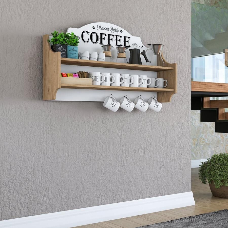 Rani Multifunctionele Wandmeubel Opbergrek Wandrek Koffiehok Thee Koffie Kopjes plank rek keuken of woonkamer Met hangers Organizer - Foto 2