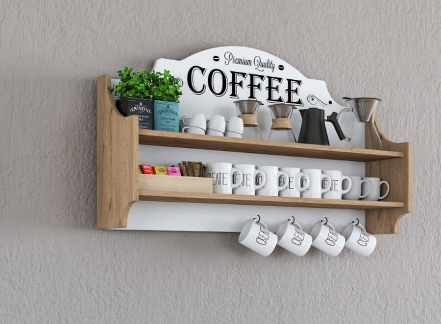 Rani Multifunctionele Wandmeubel Opbergrek Wandrek Koffiehok Thee Koffie Kopjes plank rek keuken of woonkamer Met hangers Organizer