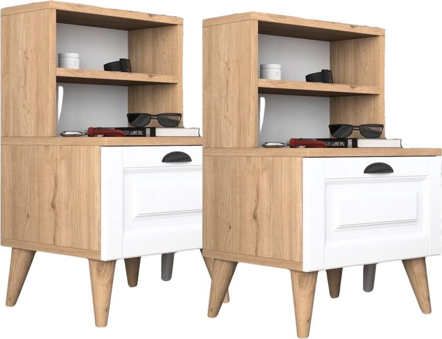 Rani Nachtkastjes set van 2 stuks Moderne Houten nachtkastje Wit Bruin 75x45x40 Nachtkasten - Foto 2